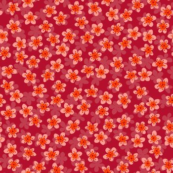 Seamless pattern with blossoming Japanese cherry sakura for fabric, packaging, wallpaper, textile decor, design, invitations, print, gift wrap, manufacturing. Coral flowers on crimson background