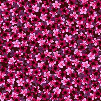 Seamless pattern with blossoming Japanese cherry sakura for fabric,packaging,wallpaper,textile decor,design, invitations,print,gift wrap,manufacturing.Pink and fuchsia flowers on heavenly background