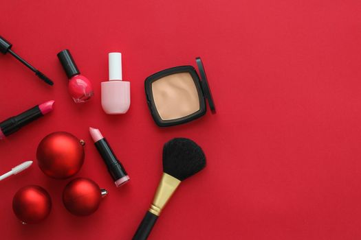 Cosmetic branding, fashion blog cover and girly glamour concept - Make-up and cosmetics product set for beauty brand Christmas sale promotion, luxury red flatlay background as holiday design