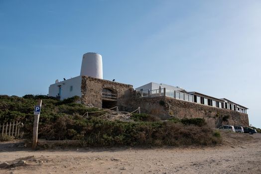 Formentera, Spain: 2021 June 13: Restaurant on Illetes Beach in Formentera in Spain in times of Covid19