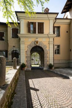 Gorizia, Italy. May 21, 2021. the arched entrance passage of the ancient Lantieri palace in the historic center of the city