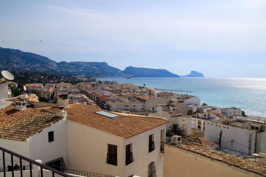 Beautiful panoramic view of Altea village and mediterranean sea from the Old Portal viewpoint in Spring