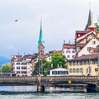 Zurich, Switzerland view of historic Old Town buildings near main railway train station Zurich HB, Hauptbahnhof, Swiss architecture and travel destination.