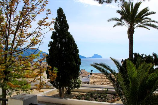 Beautiful garden panoramic view of Altea village and mediterranean sea from the Santa Barbara viewpoint in Spring
