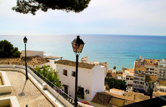 Beautiful panoramic view of Altea village and mediterranean sea from the Santa Barbara viewpoint in Spring