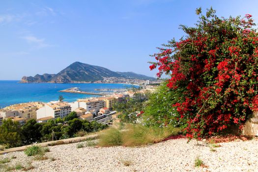 Beautiful panoramic view of Altea village and mediterranean sea from the viewpoint in Spring