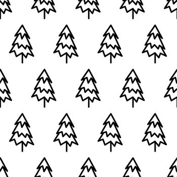 Black and white seamless pattern with fir tree icon. Vector trees symbol sign. Plants, landscape design for print, card, postcard, fabric, textile. Business idea concept.
