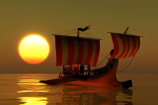 An ancient Roman merchant galley warship transport a Roman senator and cargo in the Mediterranean Sea at sunset.