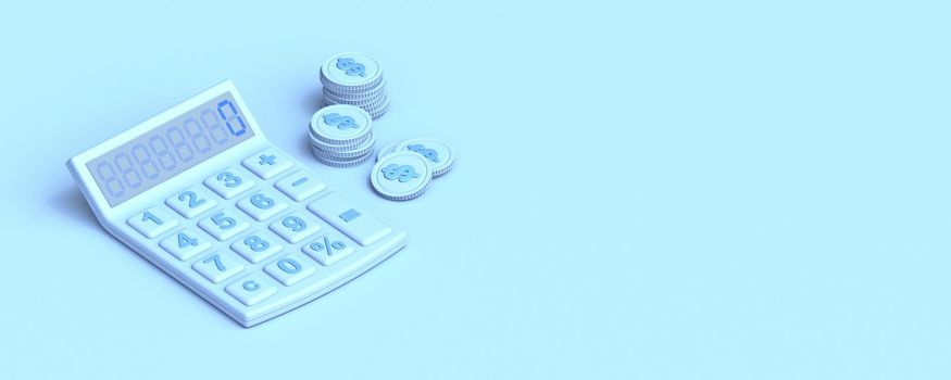 Calculator and coins 3D render illustration isolated on blue background