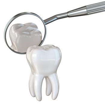 Tooth and dental mirror 3D render illustration isolated on white background