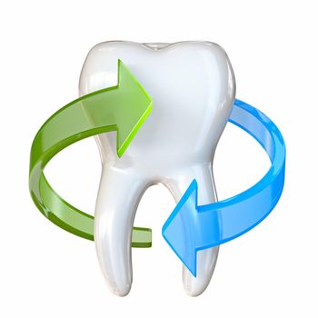 Tooth with blue and green arrows on white 3D render illustration isolated on white background