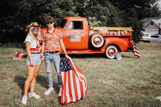 Couple in a vintage red truck