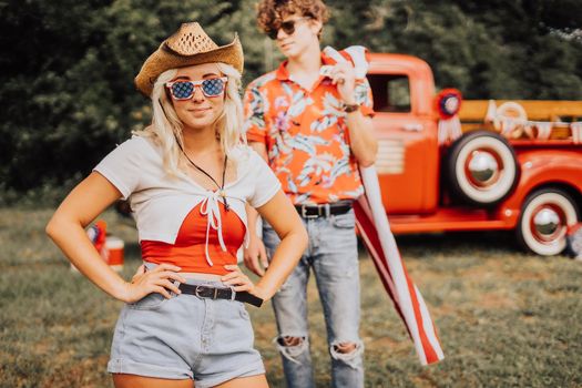 Couple in a vintage red truck