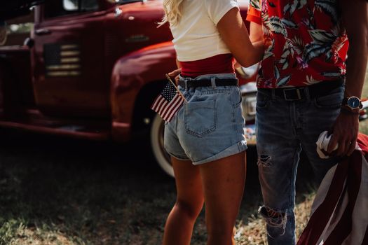 Couple in a vintage red truck