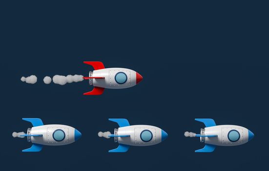 Cartoon Spaceship Overtake on Blue Background with Copy Space 3D Illustration, Business Competition Concept