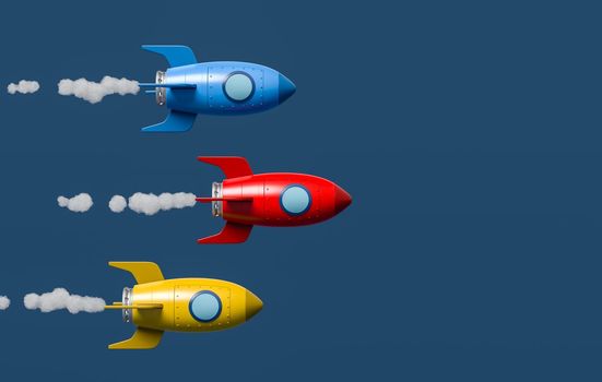 Colorful Cartoon Spaceships Racing on Blue Background with Copy Space 3D Illustration, Space Competition Concept