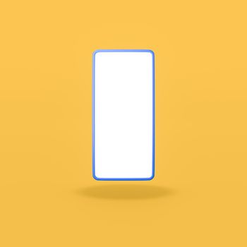 Cartoon White Blank Screen Mobile Phone Isolated on Flat Yellow Background with Shadow 3D Illustration