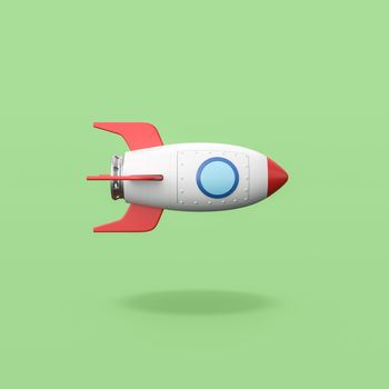 Red and White Cartoon Spaceship Isolated on Flat Green Background with Shadow 3D Illustration