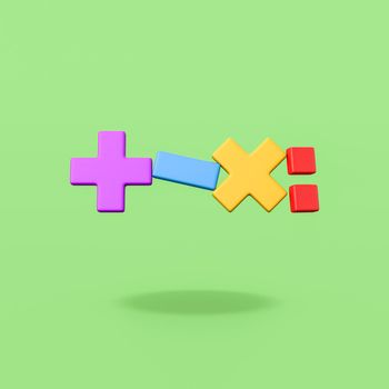 Colorful Four Math Operators Symbol Collection Isolated on Flat Green Background with Shadow 3D Illustration