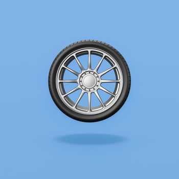 Single Car Wheel Isolated on Flat Blue Background with Shadow 3D Illustration