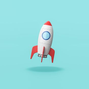 Red and White Cartoon Spaceship Isolated on Flat Blue Background with Shadow 3D Illustration