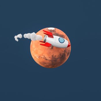 Red and White Cartoon Spaceship Flying Around Mars Isolated on Flat Blue Background 3D Illustration, Space Travel Concept. Texture from solarsystemscope.com
