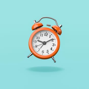 Orange Classic Alarm Clock Isolated on Flat Blue Background with Shadow 3D Illustration