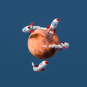 Cartoon Spaceships Flying and Landed on Mars Isolated on Flat Blue Background 3D Illustration, Space Travel Concept. Texture from solarsystemscope.com