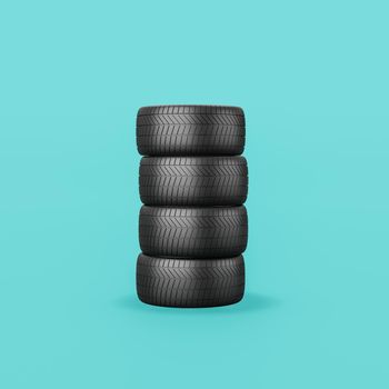 Four Car Wheels Isolated on Flat Blue Background with Shadow 3D Illustration