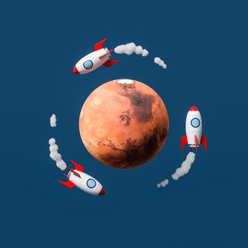 Cartoon Spaceships Flying Around Mars Isolated on Flat Blue Background 3D Illustration, Space Transportation Concept. Texture from solarsystemscope.com