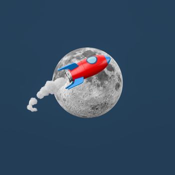 Red Cartoon Spaceship Flying around the Moon Isolated on Flat Blue Background 3D Illustration, Space Travel Concept