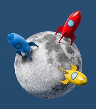 Cartoon Spaceships Landed on the Moon Isolated on Flat Blue Background 3D Illustration, Moon Colonization Concept