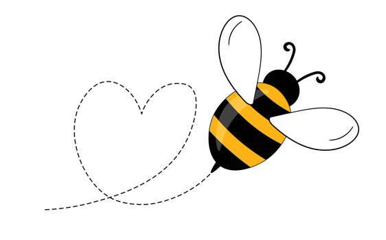 Cartoon bee mascot. A small bees flying on a dotted route. Wasp collection. Vector characters. Incest icon. Template design for invitation, cards. Doodle style.