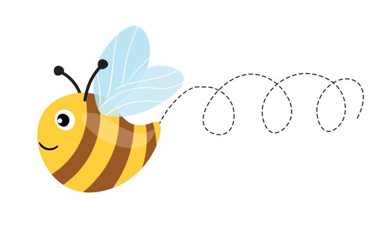 Сute bee mascot. A small bees flying on a dotted route. Wasp collection. Vector characters. Incest icon. Template design for invitation, cards. Doodle style.