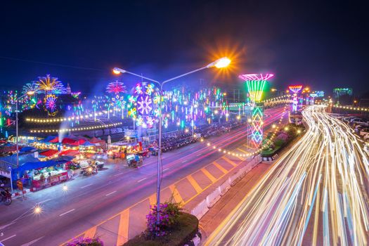 The color of the lights on the Road in Red Cross event in Phitsanulok, Thailand.January 9, 2019