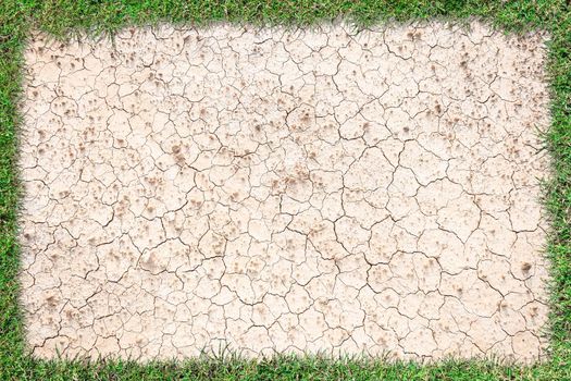 green grass frame isolated on brown dry soil or cracked ground texture background.
