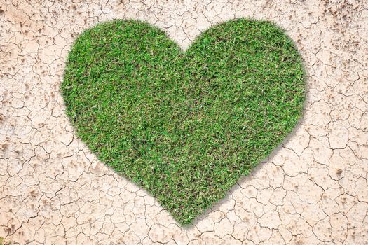 Heart-shaped green grass growing on brown dry soil or cracked ground texture background.Love concept