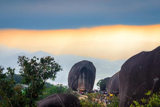 People traveling to worship The stone with the footprint of Lord Buddha at Khitchakut mountain It is a major tourist attraction Chanthaburi, Thailand.February 16, 2019