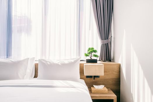 Close-up of white pillow on bed decoration with light lamp and green tree in flowerpots in hotel bedroom interior.