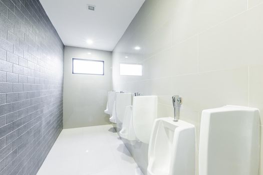 public toilet urinals lined up, no privacy.