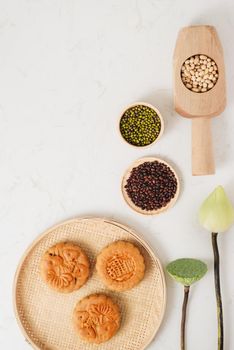 Moon cake traditional cake of Vietnamese - Chinese mid autumn festival. Text on cake mean happiness.