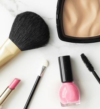 Make-up and cosmetics products on marble, flatlay background - modern feminine lifestyle, beauty blog and fashion inspiration concept