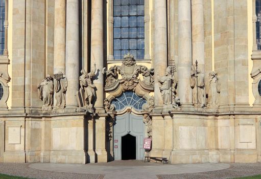 Krzeszow, Poland, August 11, 2018: Entrance of the Basilica of the Assumption of the Blessed Virgin Mary, Poland