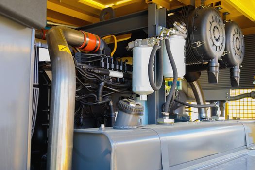 Internal details of portable compressors close-up. Compressors for power generation