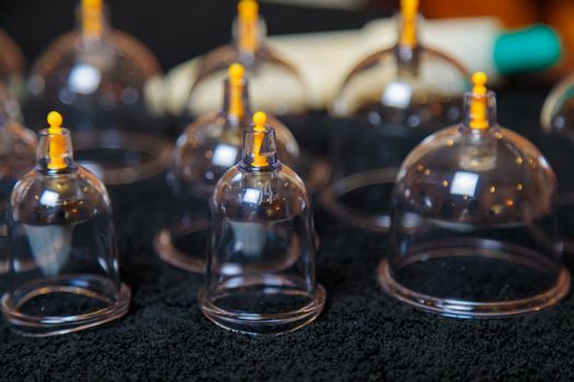 Vacuum vessels for the curative procedure of hijama bloodletting. Bloodletting, phlebotomy, sucking out dead blood cells