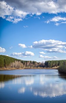 A clear lake in a green forest. Blue sky with white clouds over a lake in the forest. Nature landscape.