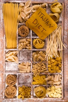 Presentation of varieties of Italian pasta made with white flour