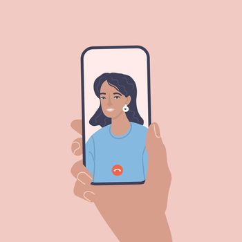 Incoming call on phone screen. Hand with mobile phone. Video chat. Calling service. Vector illustration