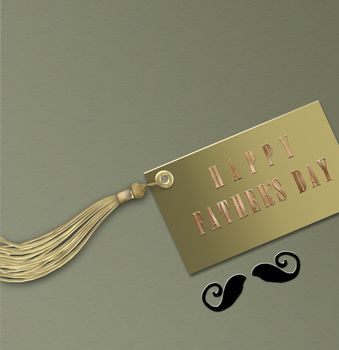 Happy Father's day card with gold text Happy Fathers Day on gold gift tag with tassel, moustache on pastel green grunge background. Place for text. 3D illustration