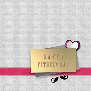 Fathers Day design card. Happy Fathers Day gold text on gift tag, moustache, 3D heart on pink ribbon. Romantic father's day greeting. Place for text. 3D render